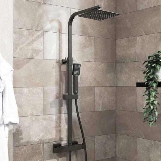 Bathroom Thermostatic Exposed Shower Mixer Twin Shower Head Square Bar Set Black