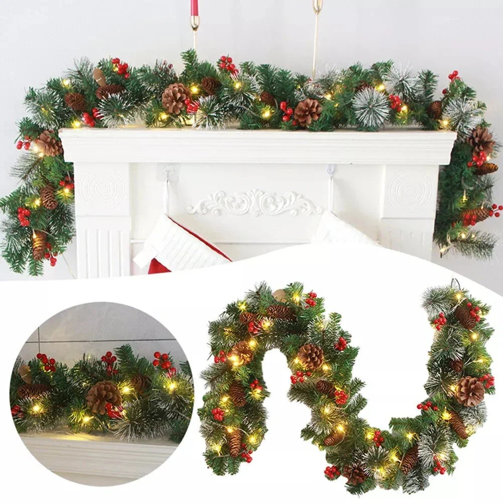 9ft Christmas Garland Snow Flocked With Lights Pinecones Berries Wreath Bushy