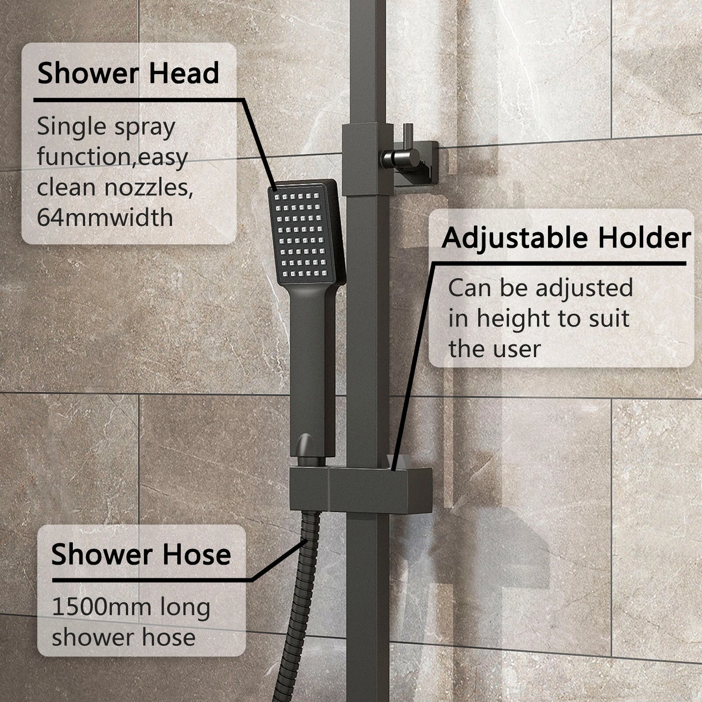 Bathroom Thermostatic Exposed Shower Mixer Twin Shower Head Square Bar Set Black