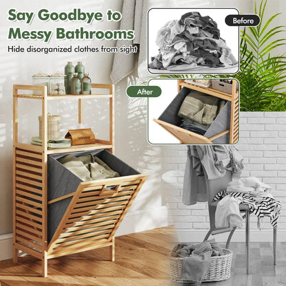 Bamboo Bathroom Shelf Tilt out Laundry Hamper Storage Organiser w/Laundry Basket