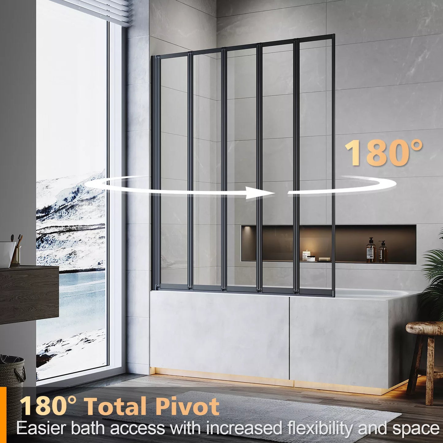 5 Folding Bath Shower Screen Black / Chrome Frame Wet Room Glass Panel 1200 x 1400mm