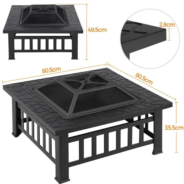 Large Fire Pit BBQ Outdoor Iron Grill Square Garden Table Patio Log Burner Stove