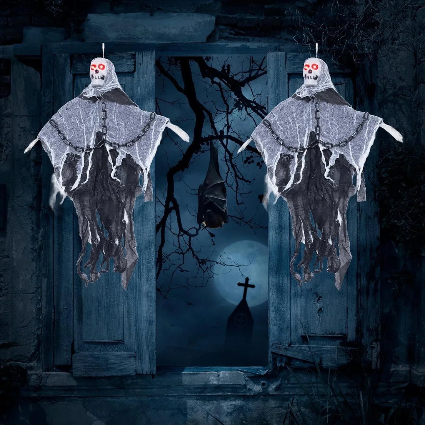 90cm LED Flashing Eyes Skeleton in Chain Sound Effect Halloween Hanging Decor