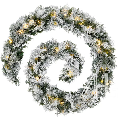 9Ft Christmas LED Pre Lit Garland Snow Flocked Artificial Wreath Xmas Decora