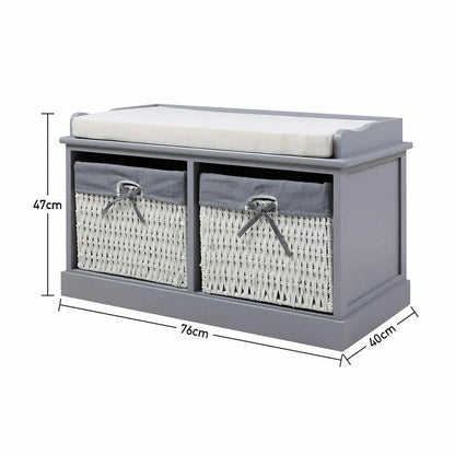 Large Shoe Storage Bench with Seat Cushion And 2 Rattan Basket Organiser Hallway