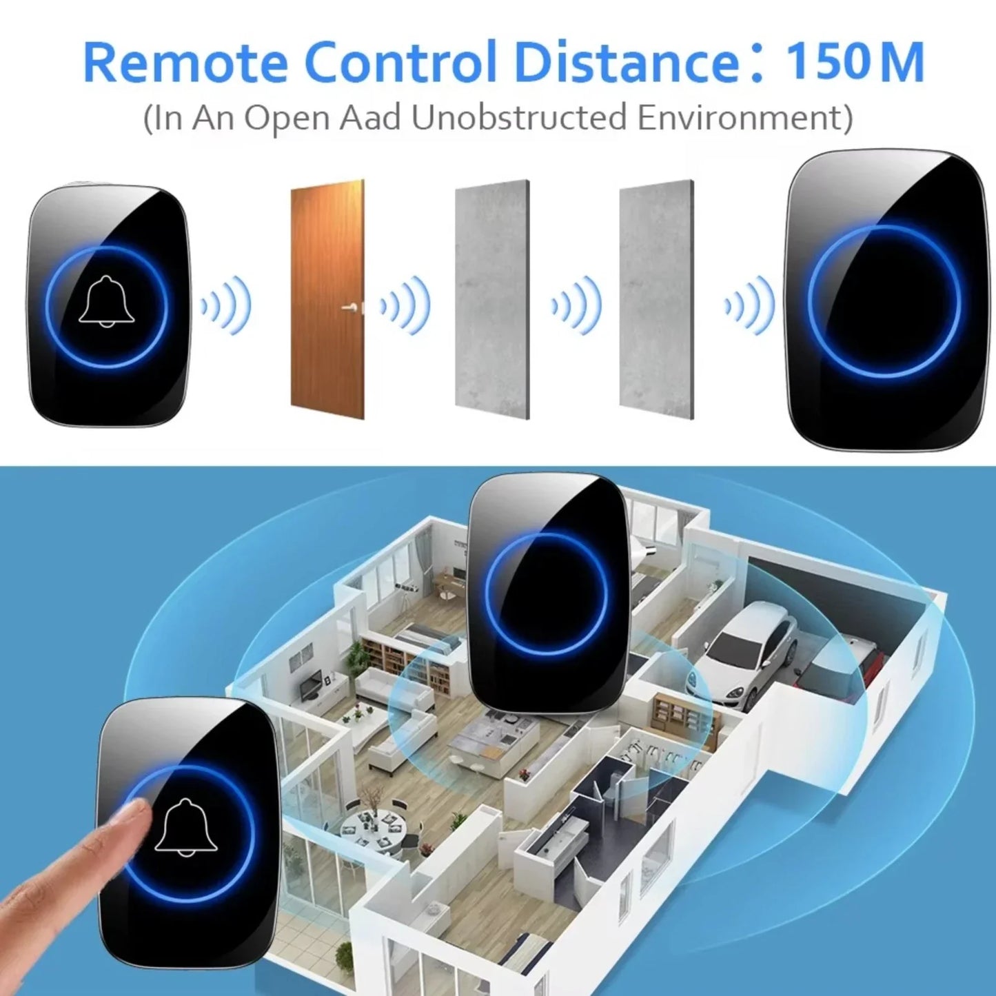 Wireless Doorbell Waterproof Range Door Bells Kit Cordless Plug-in Home Office