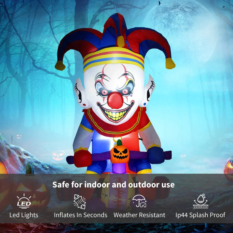4ft Blow Up Halloween Inflatable Clown on Bicycle with 3 Built-in LED Lights