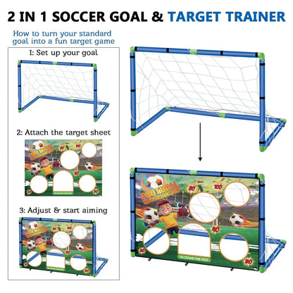 Kids 2in1 Portable Soccer Goal Post Up Football Target Board With Net, Ball Pump