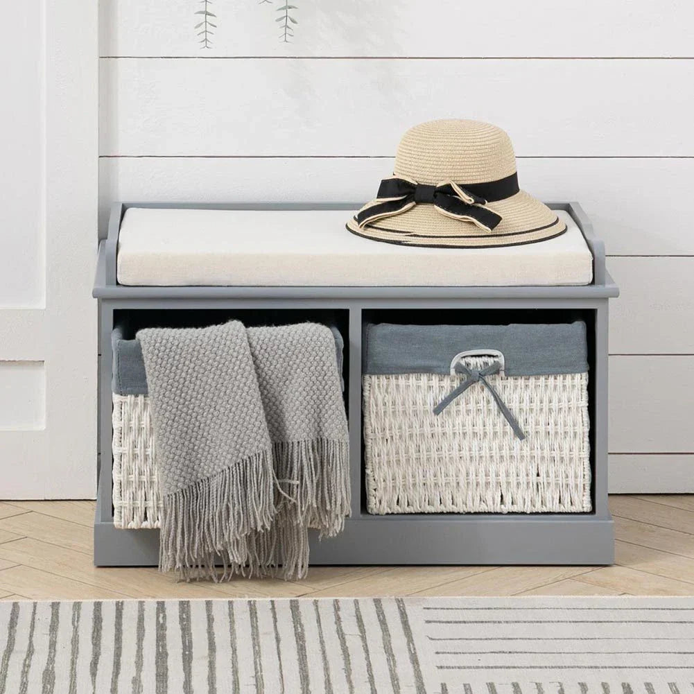 Large Shoe Storage Bench with Seat Cushion And 2 Rattan Basket Organiser Hallway