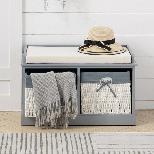 Large Shoe Storage Bench with Seat Cushion And 2 Rattan Basket Organiser Hallway