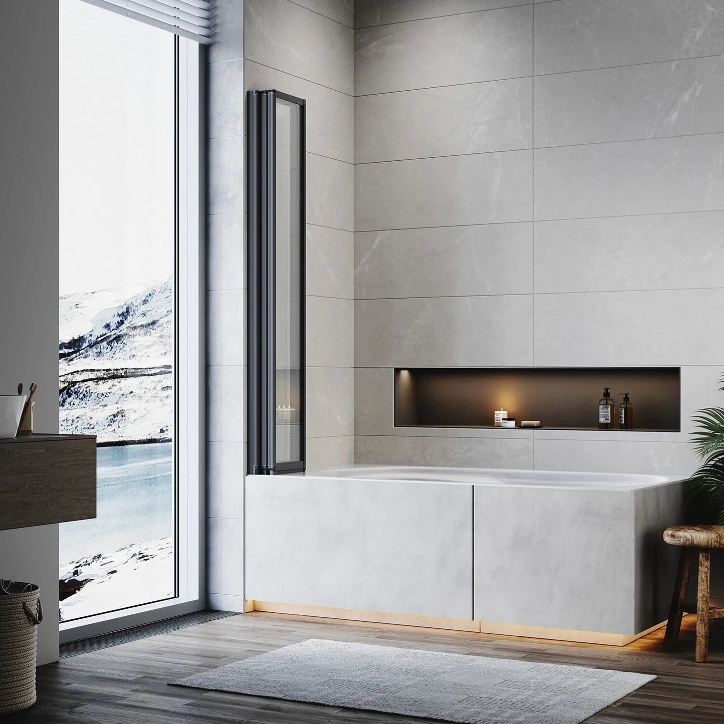 5 Folding Bath Shower Screen Black / Chrome Frame Wet Room Glass Panel 1200 x 1400mm
