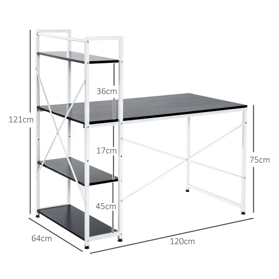 Computer Desk Laptop Table w/4-tier Bookshelf Metal Frame Black, White