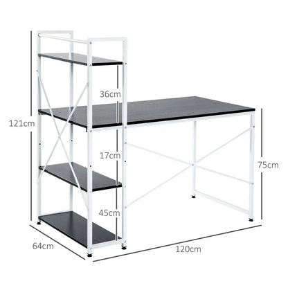 Computer Desk Laptop Table w/4-tier Bookshelf Metal Frame Black, White
