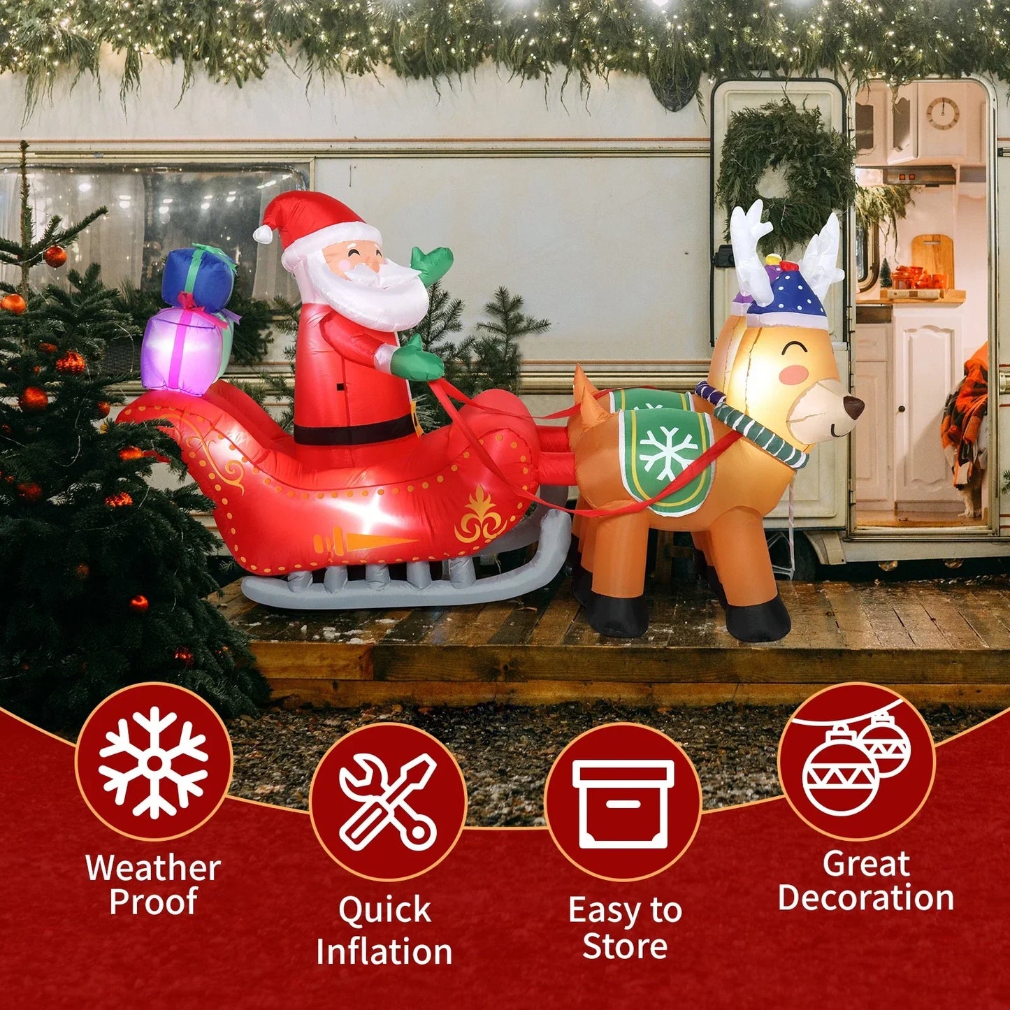 7FT Christmas Inflatable Santa Claus Sledge Sleigh Reindeer Blow Up Xmas Garden