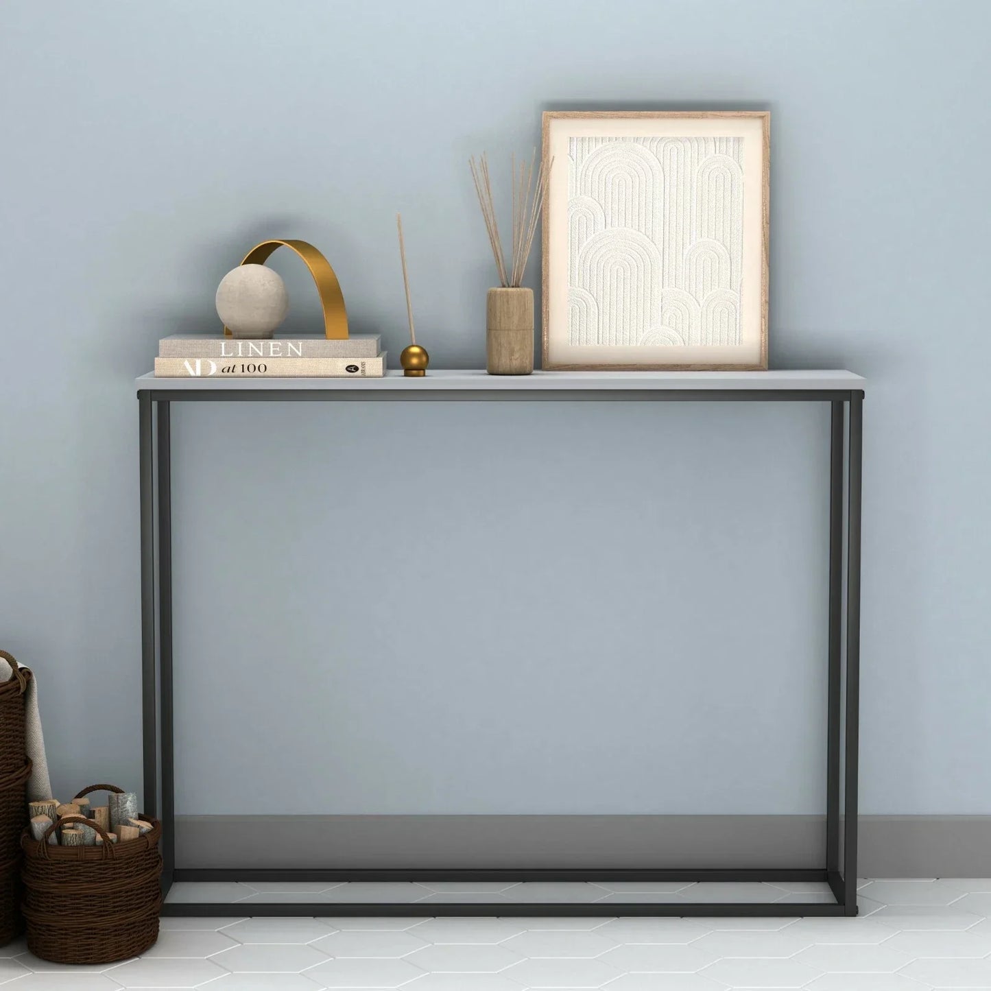 Wooden Free Standing Hallway Console Table Living Room Shelf Display Metal Legs