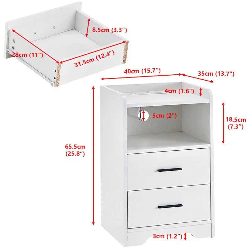 LED Light Bedside Table Nightstand High Gloss 2 Drawers USB Port Power Plug