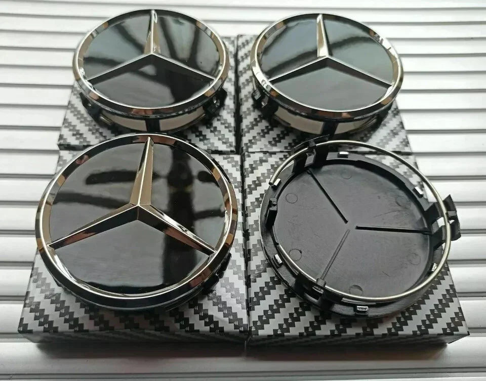 4 x Black Mercedes Benz 75mm Alloy Wheel Centre Caps AMG A B C E S M Class Hub.