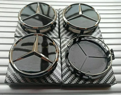 4 x Black Mercedes Benz 75mm Alloy Wheel Centre Caps AMG A B C E S M Class Hub.