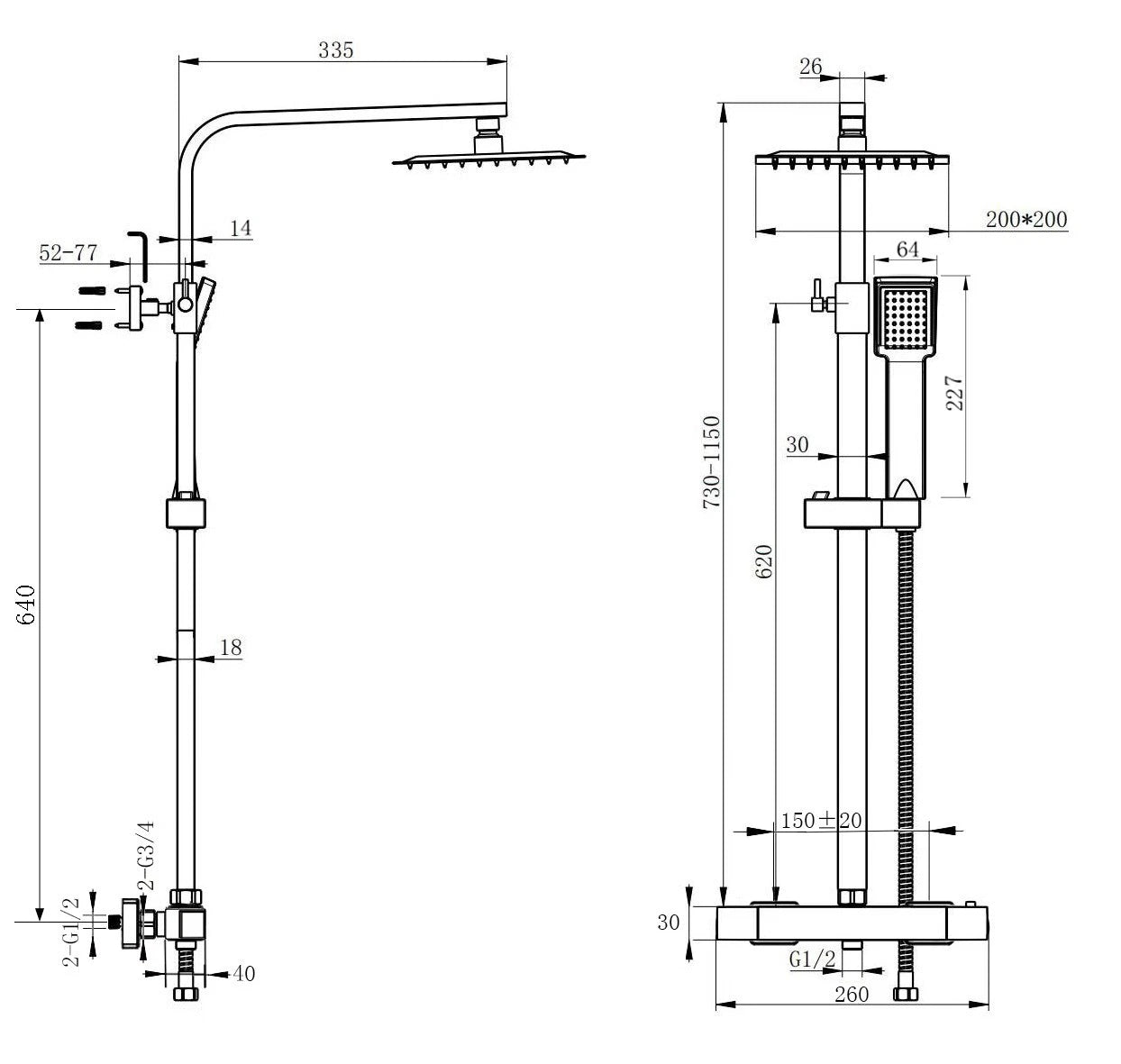 Bathroom Thermostatic Exposed Shower Mixer Twin Shower Head Square Bar Set Black