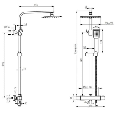 Bathroom Thermostatic Exposed Shower Mixer Twin Shower Head Square Bar Set Black