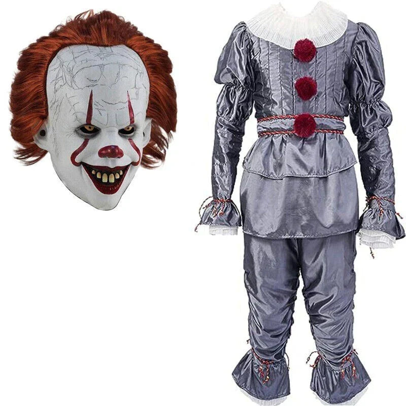 Adult Pennywise Clown Costume Halloween Cosplay Suit Outfit Fancy Dress Mask Men