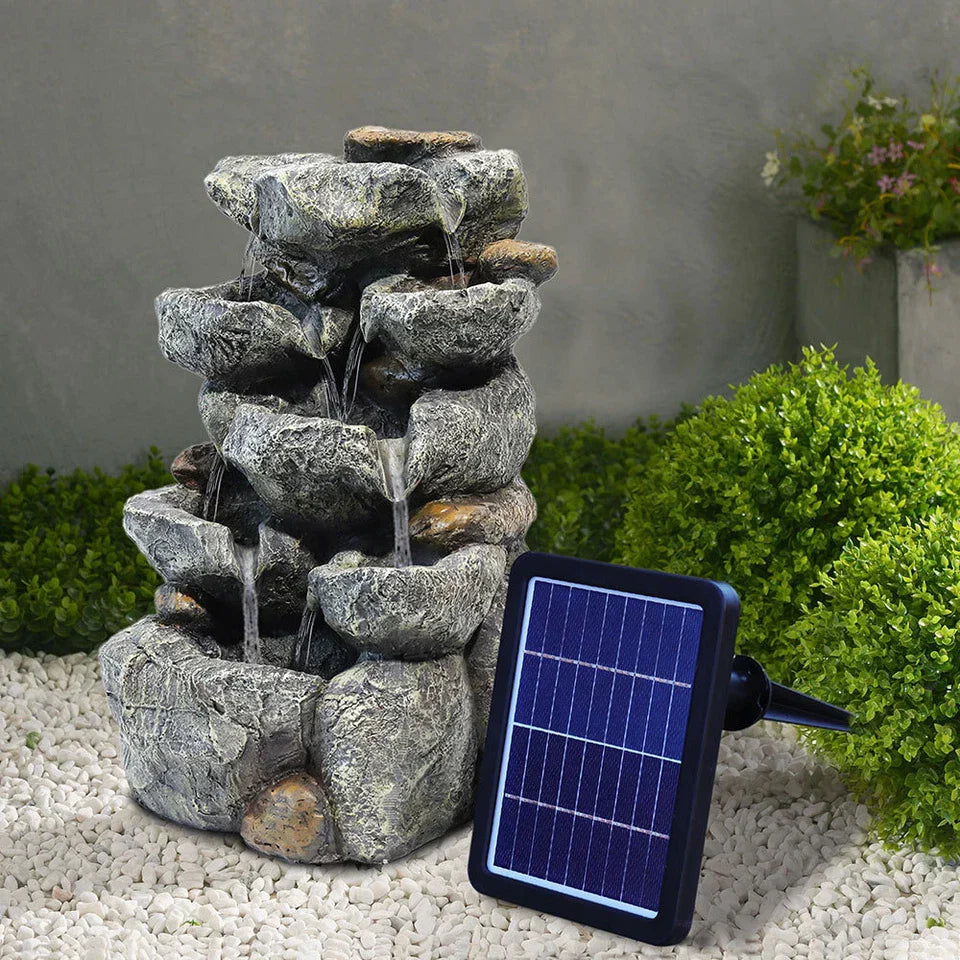 Solar Powered Cascading Stones Fountain LED Water Feature Garden Statues Pump