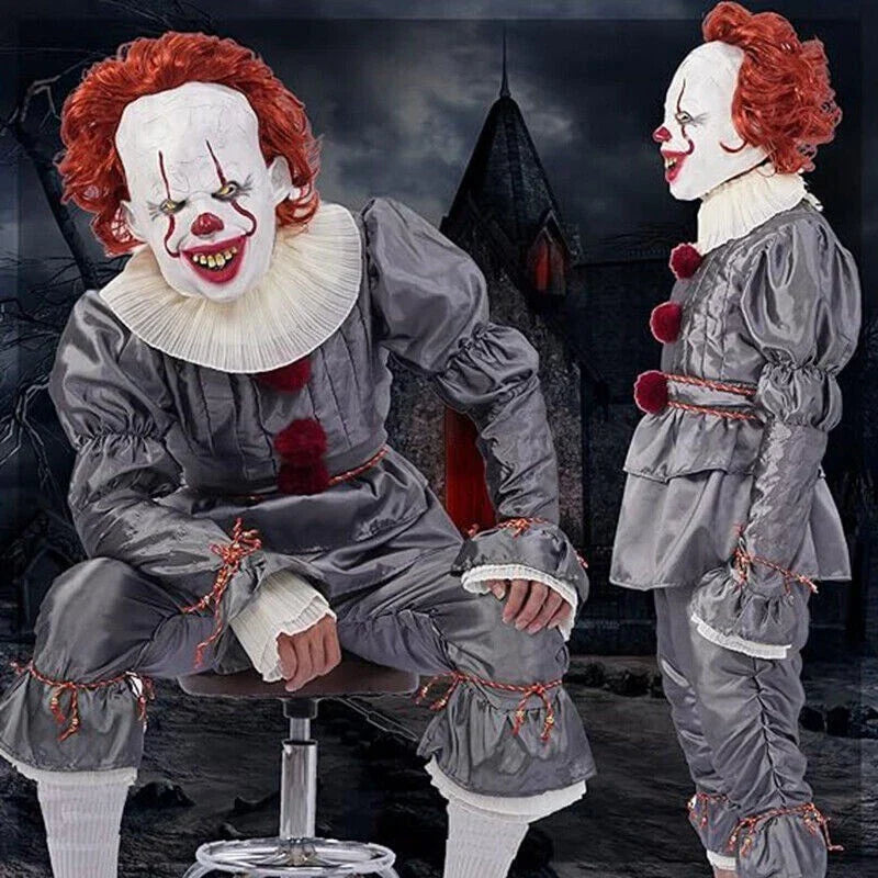 Adult Pennywise Clown Costume Halloween Cosplay Suit Outfit Fancy Dress Mask Men