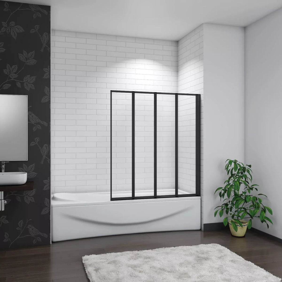 Matt Black 4 Fold Folding Bath Screen Shower Bathroom 4mm Glass Panel 900x1400