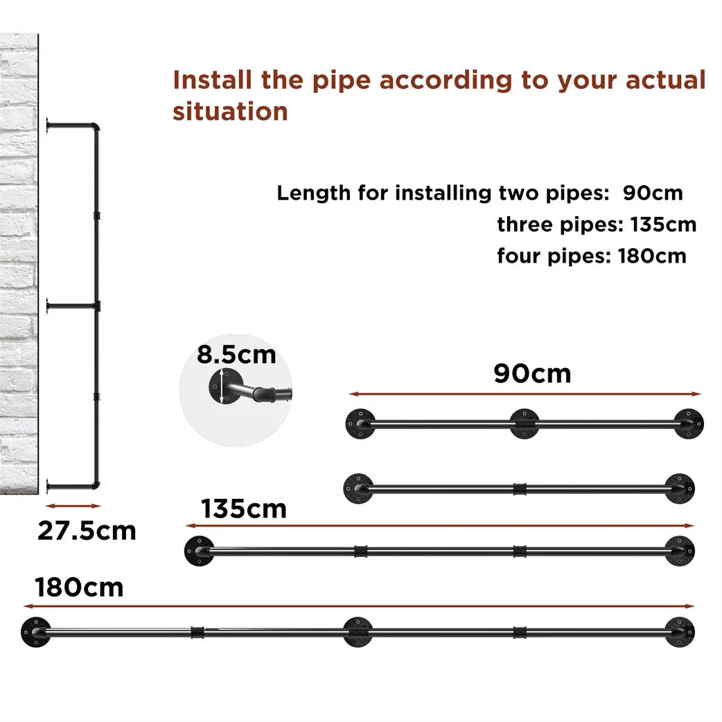 6ft Heavy Duty Clothes Rail Pipe Garment Rack Wall Mounted Hanging Clothing Pole