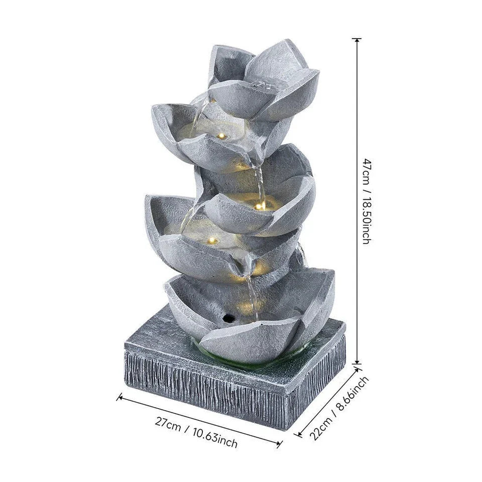 Water Feature Lotus Cascading Fountain With Solar LED Light Outdoor Garden Decor