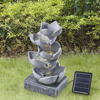 Water Feature Lotus Cascading Fountain With Solar LED Light Outdoor Garden Decor
