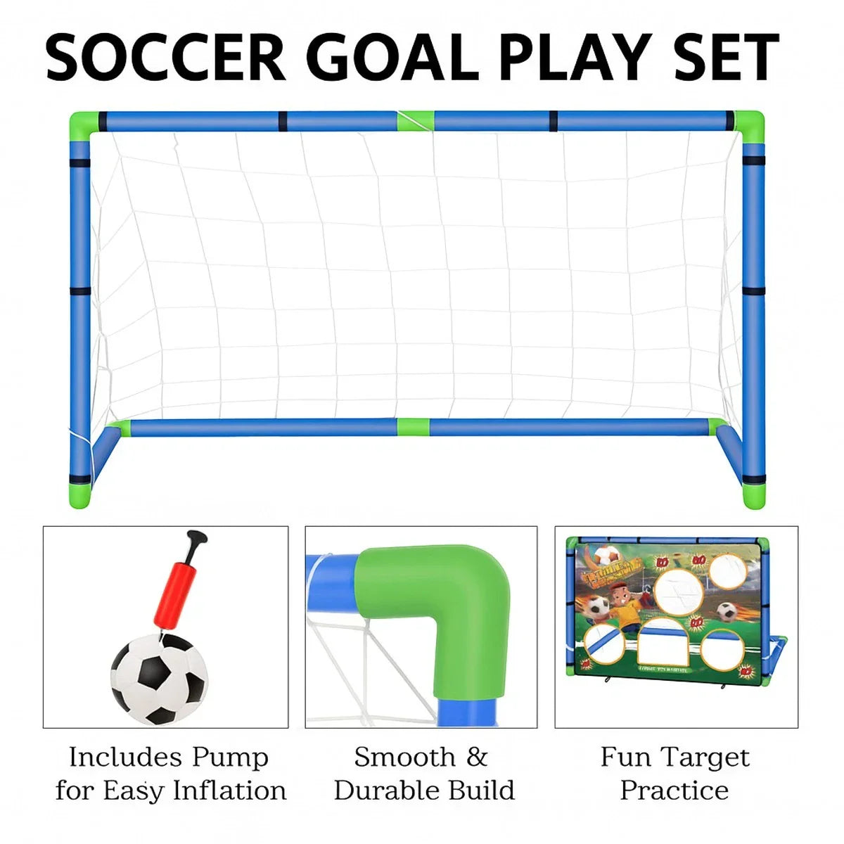 Kids 2in1 Portable Soccer Goal Post Up Football Target Board With Net, Ball Pump