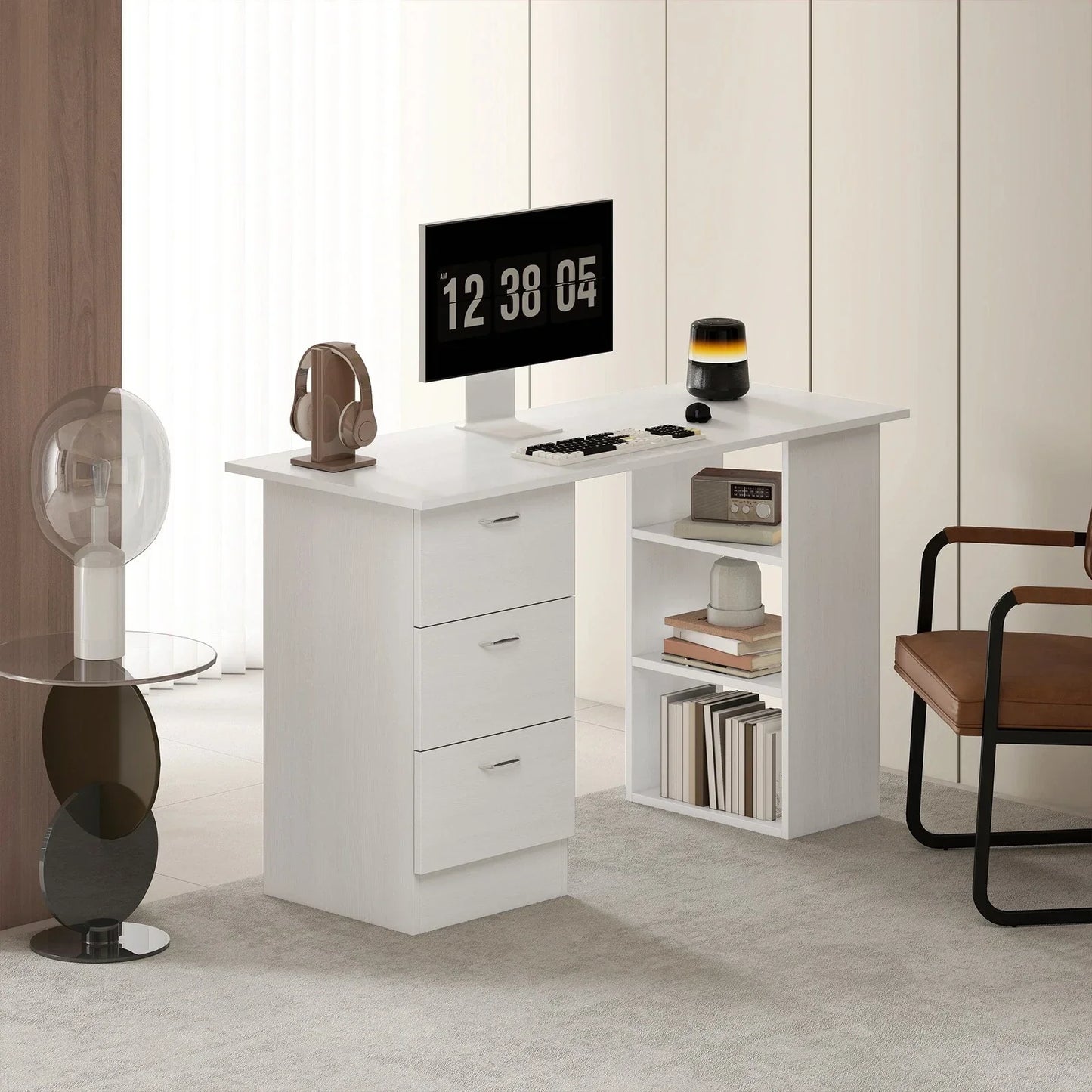 120cm Computer Desk PC Table Workstation w/ 3 Shelf & Drawers White