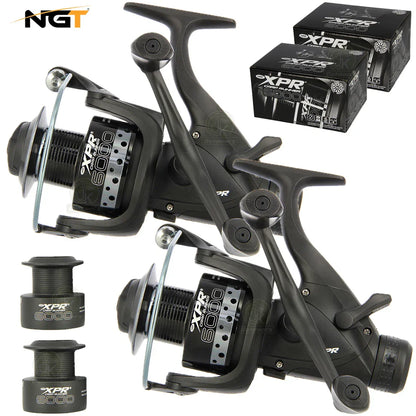 2x NGT XPR 6000 Carp Fishing Bait Runner Reels Twin Handle 10BB + Spare Spools