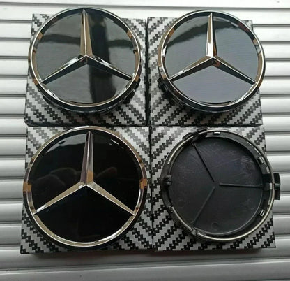 4 x Black Mercedes Benz 75mm Alloy Wheel Centre Caps AMG A B C E S M Class Hub.