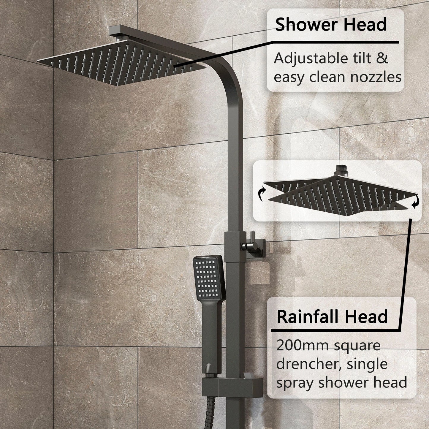 Bathroom Thermostatic Exposed Shower Mixer Twin Shower Head Square Bar Set Black