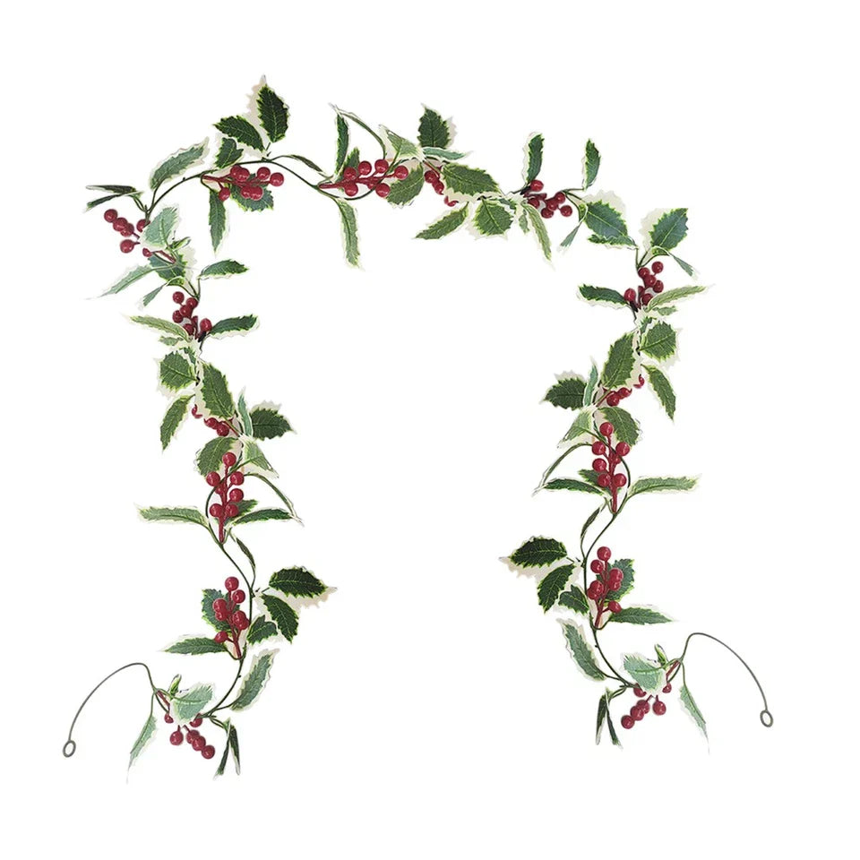 2M Christmas Garland Holly Leaf Red Berries Winter Fireplace Hanging Party Decor
