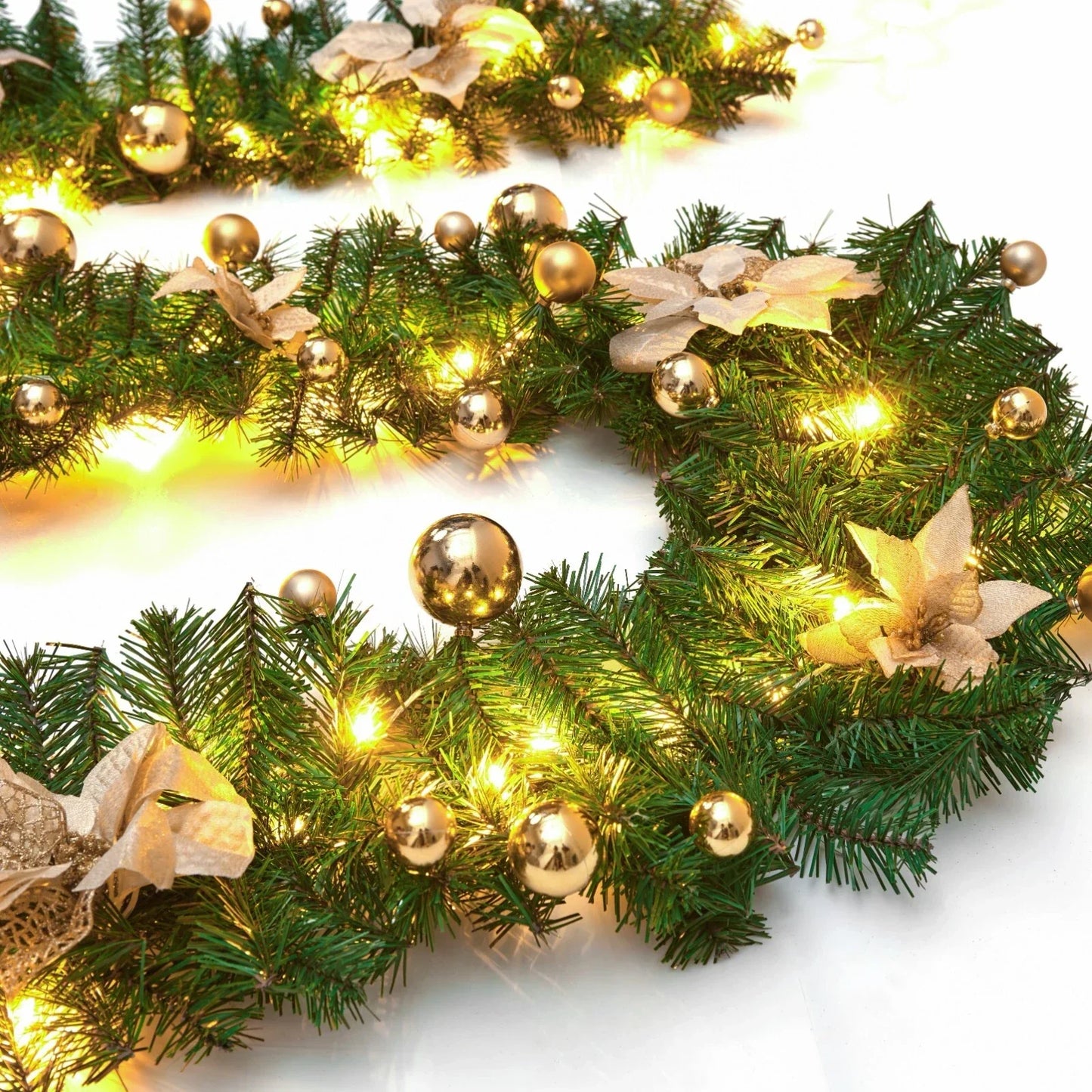 9FT Pre Lit Christmas Garland LED Lights Wreath Xmas Decorations Christmas Balls