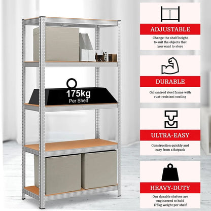 5 Tier Racking Shelf Heavy Duty Garage Shelving Storage Shelves Unit, 3 sizes